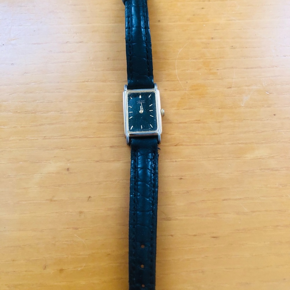 Citizen Black Leather Strap Gold-Tone Rectangular Watch